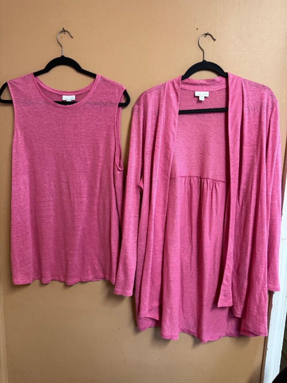 J.Jill Love Linen 2 Piece Twinset Pink Cardigan Tank Top Size Large